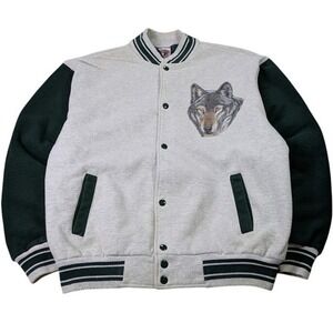 VTG Fruit of the Loom Wolf Print Varsity Jacket Snap Front Mens XL Grey‎ Green